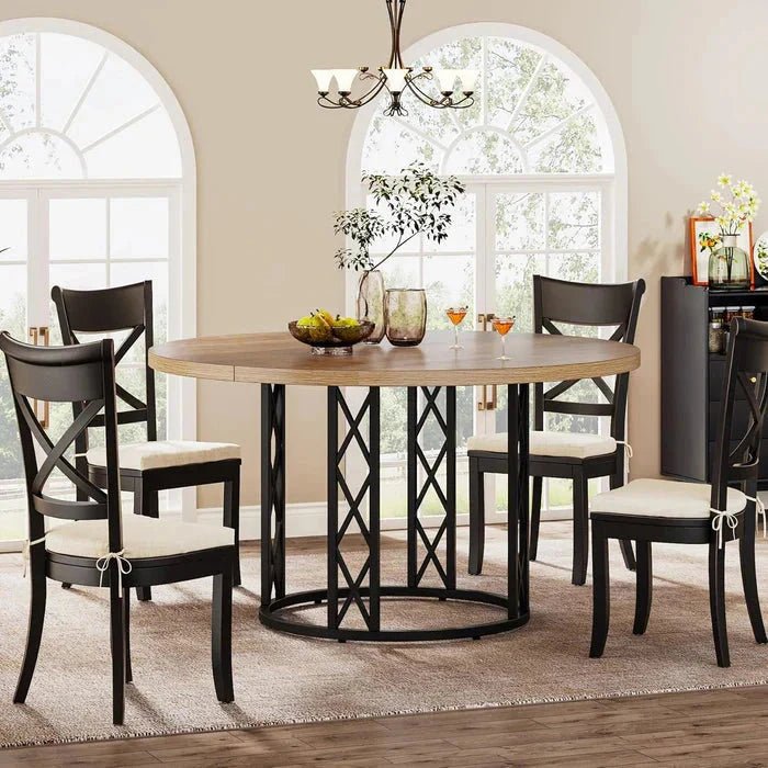 Industrial Round Dining Table - Rustic Wood Top with X-Frame Metal Pedestal | Luxury Home Accessories | Heulog Glow