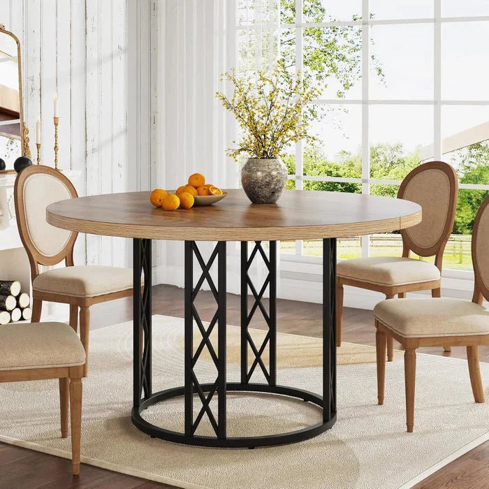 Industrial Round Dining Table - Rustic Wood Top with X-Frame Metal Pedestal | Luxury Home Accessories | Heulog Glow