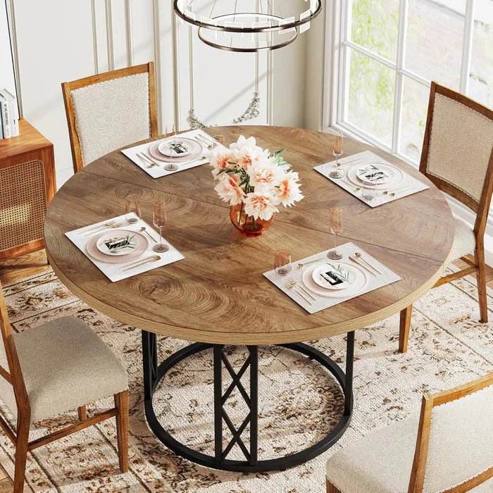 Industrial Round Dining Table - Rustic Wood Top with X-Frame Metal Pedestal | Luxury Home Accessories | Heulog Glow