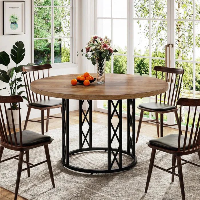Industrial Round Dining Table - Rustic Wood Top with X-Frame Metal Pedestal | Luxury Home Accessories | Heulog Glow