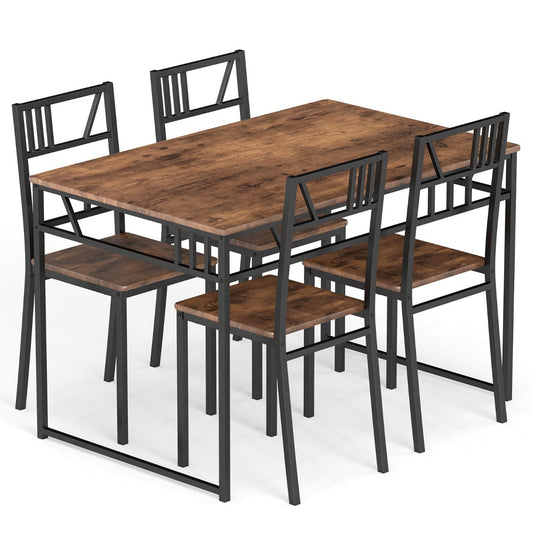 Industrial-Style Kitchen Table and 4 Chairs with Wood Like Tabletop and Metal Frame-Brown