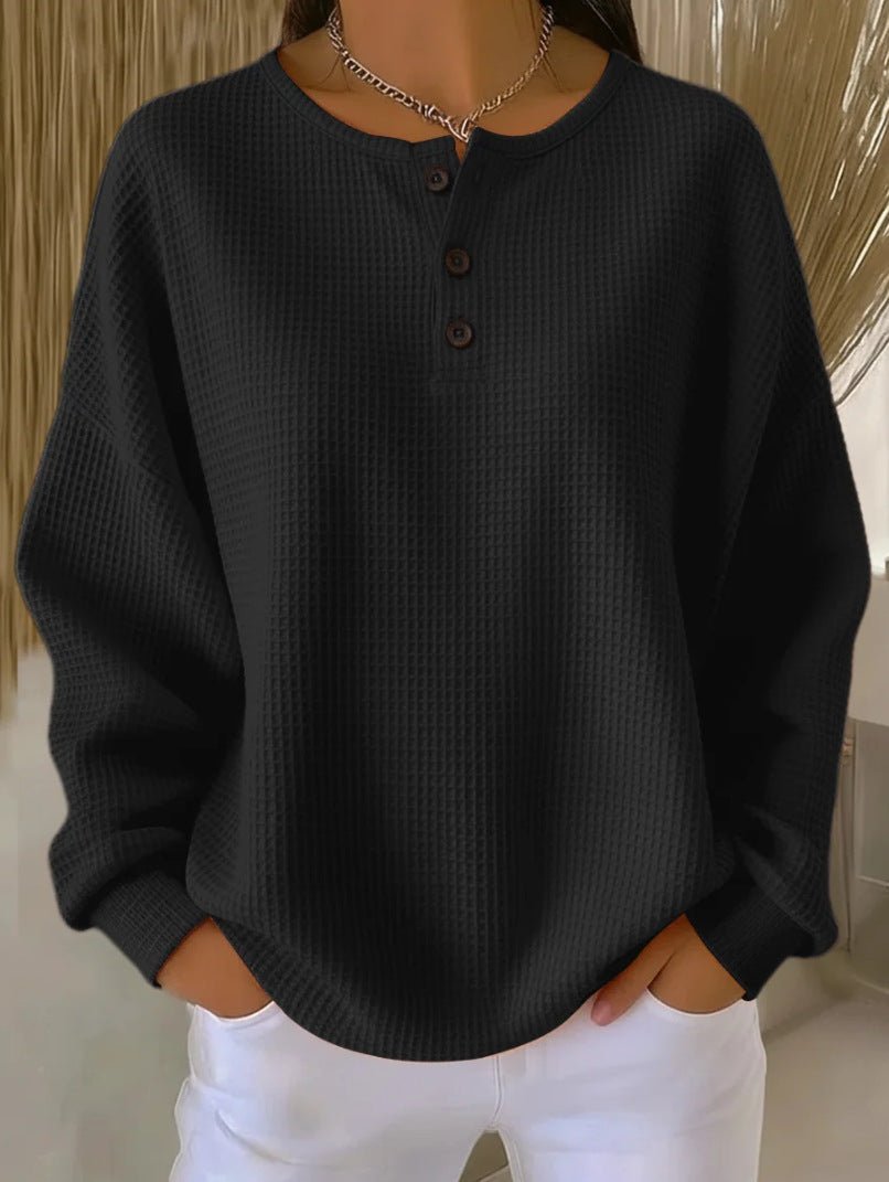 Ins Waffle Long-sleeved T-shirt Fashion Solid Color Buttons Round Neck Pullover Top Women's Clothing | Luxury Home Accessories | Heulog Glow