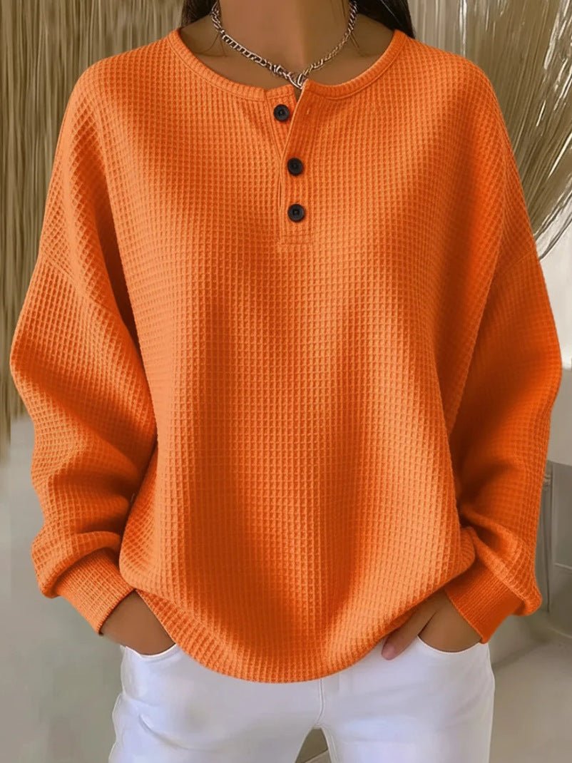 Ins Waffle Long-sleeved T-shirt Fashion Solid Color Buttons Round Neck Pullover Top Women's Clothing | Luxury Home Accessories | Heulog Glow