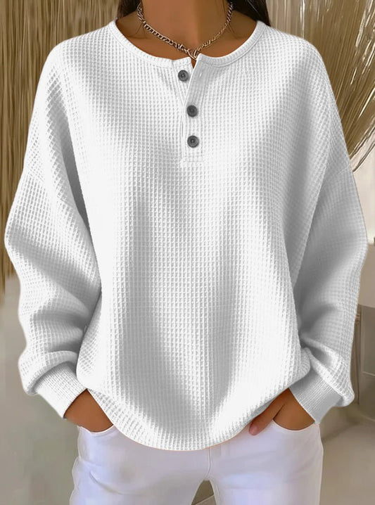 Ins Waffle Long-sleeved T-shirt Fashion Solid Color Buttons Round Neck Pullover Top Women's Clothing | Luxury Home Accessories | Heulog Glow