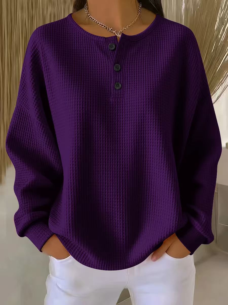 Ins Waffle Long-sleeved T-shirt Fashion Solid Color Buttons Round Neck Pullover Top Women's Clothing | Luxury Home Accessories | Heulog Glow