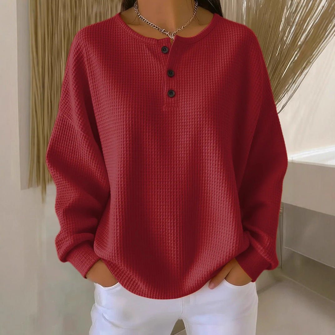 Ins Waffle Long-sleeved T-shirt Fashion Solid Color Buttons Round Neck Pullover Top Women's Clothing | Luxury Home Accessories | Heulog Glow