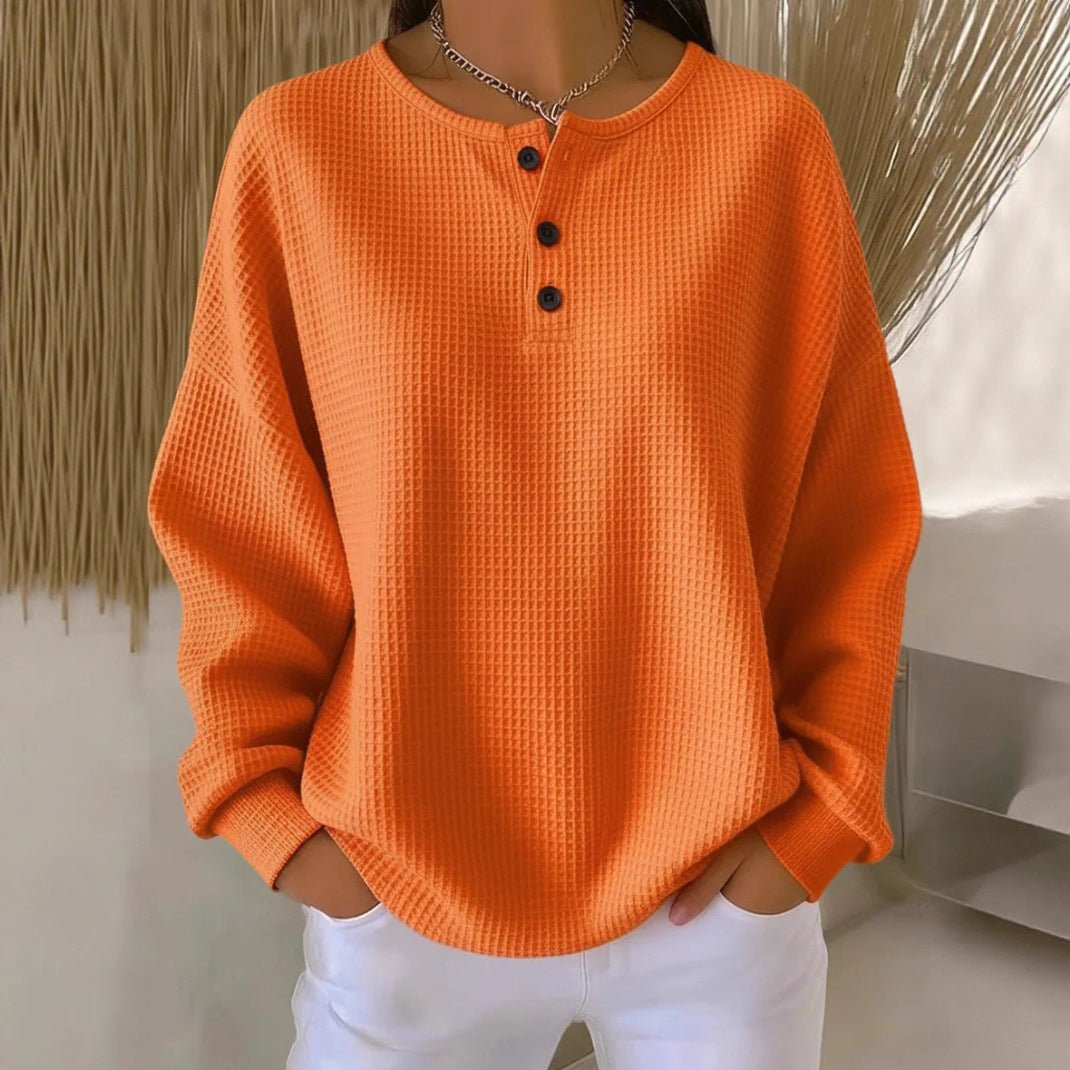 Ins Waffle Long-sleeved T-shirt Fashion Solid Color Buttons Round Neck Pullover Top Women's Clothing | Luxury Home Accessories | Heulog Glow
