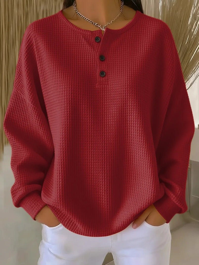 Ins Waffle Long-sleeved T-shirt Fashion Solid Color Buttons Round Neck Pullover Top Women's Clothing | Luxury Home Accessories | Heulog Glow