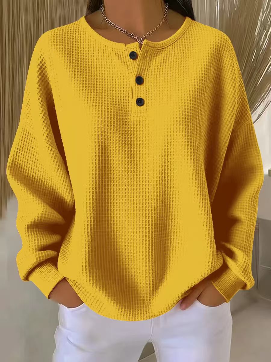 Ins Waffle Long-sleeved T-shirt Fashion Solid Color Buttons Round Neck Pullover Top Women's Clothing | Luxury Home Accessories | Heulog Glow