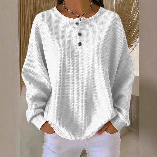 Ins Waffle Long-sleeved T-shirt Fashion Solid Color Buttons Round Neck Pullover Top Women's Clothing | Luxury Home Accessories | Heulog Glow