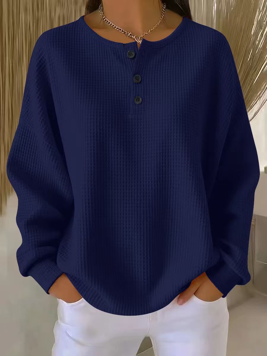 Ins Waffle Long-sleeved T-shirt Fashion Solid Color Buttons Round Neck Pullover Top Women's Clothing | Luxury Home Accessories | Heulog Glow