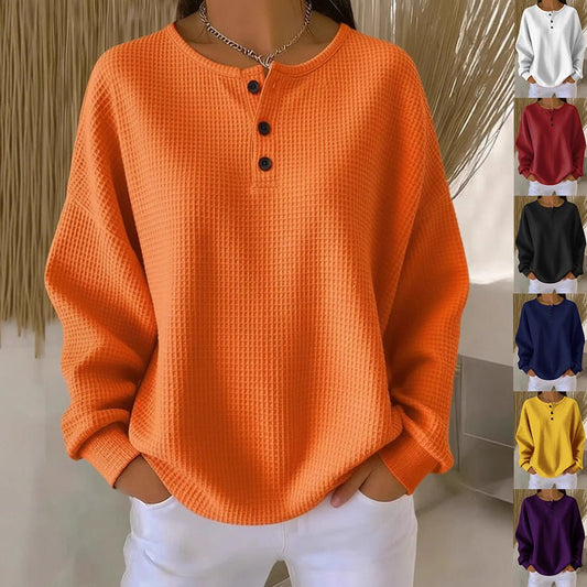Ins Waffle Long-sleeved T-shirt Fashion Solid Color Buttons Round Neck Pullover Top Women's Clothing | Luxury Home Accessories | Heulog Glow
