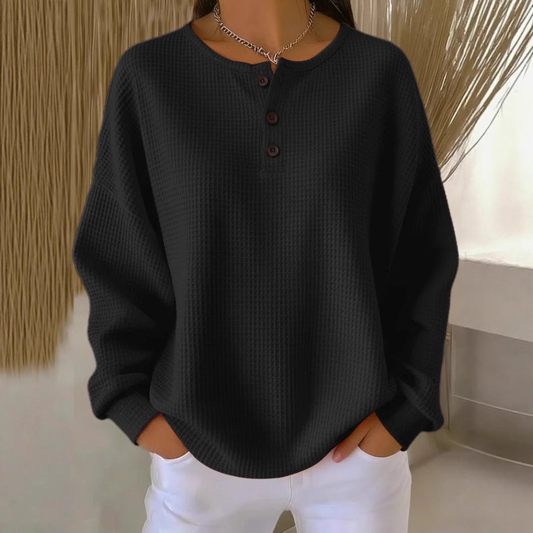 Ins Waffle Long-sleeved T-shirt Fashion Solid Color Buttons Round Neck Pullover Top Women's Clothing | Luxury Home Accessories | Heulog Glow