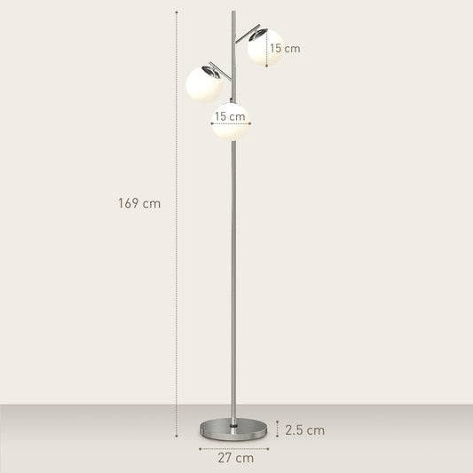 HOMCOM 3-Light Tree Floor Lamps for Living Room, Modern Standing Lamp for Bedroom with Globe Lampshade, 3000K/4000K/6000K Colour Temperatures, Steel Base, Silver Tone