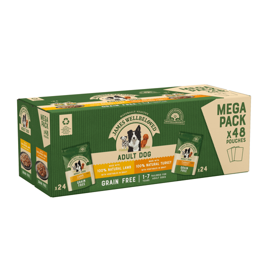 James Wellbeloved Dog Adult Grain-free Turkey/Lamb Pouches 48x100g | Luxury Home Accessories | Heulog Glow