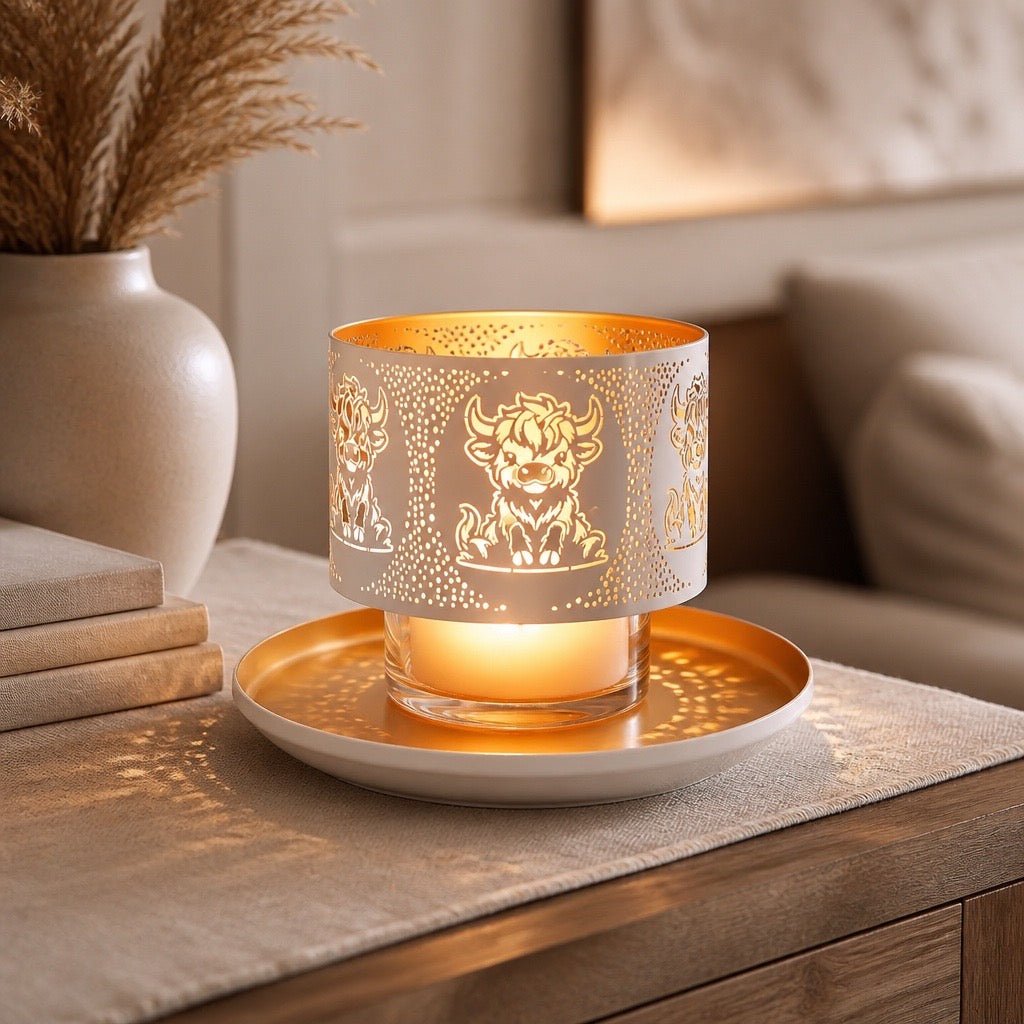 Jar Shade & Tray Set Metal Silhouette – White Highland Cow (15cm) Candle not included | Luxury Home Accessories | Heulog Glow