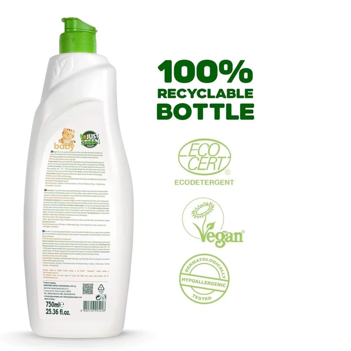 Just Green Organic Baby Bottle & Nipple Cleaner 750ml | Luxury Home Accessories | Heulog Glow