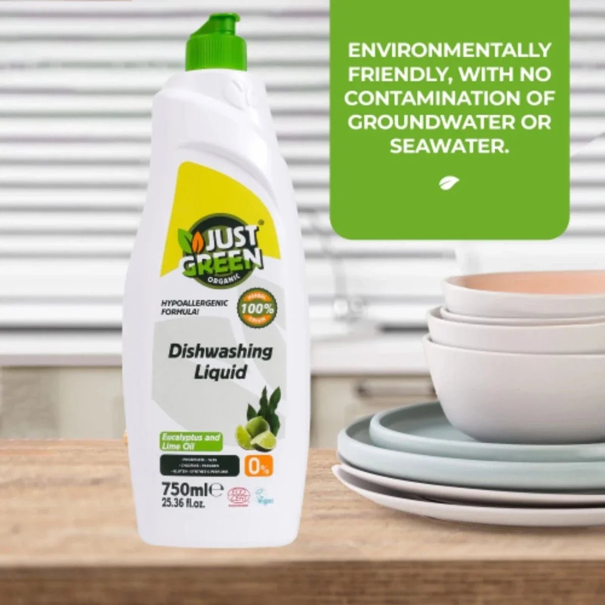 Just Green Organic Eucalyptus & Lime Oil Dishwashing Liquid 750ml | Luxury Home Accessories | Heulog Glow