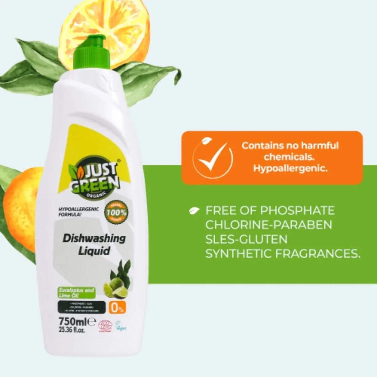 Just Green Organic Eucalyptus & Lime Oil Dishwashing Liquid 750ml | Luxury Home Accessories | Heulog Glow