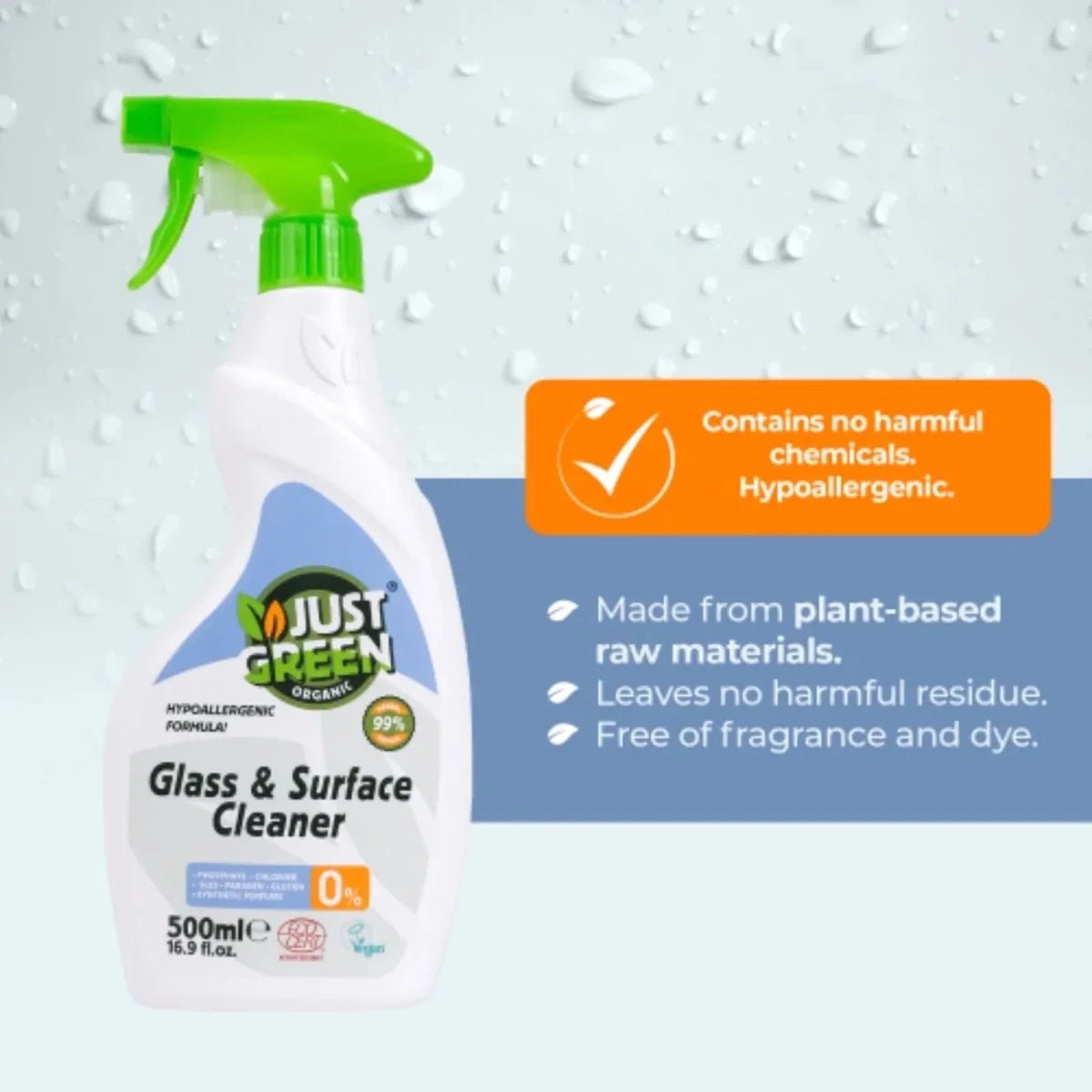 Just Green Organic Glass & Surface Cleaner 500ml | Luxury Home Accessories | Heulog Glow