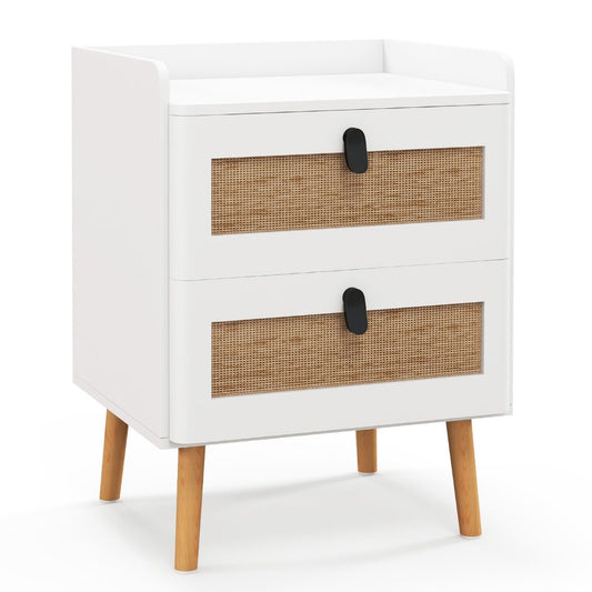 Modern End Table Bedside Table with 2 Rattan Decorated Drawers for Living Room-Natural