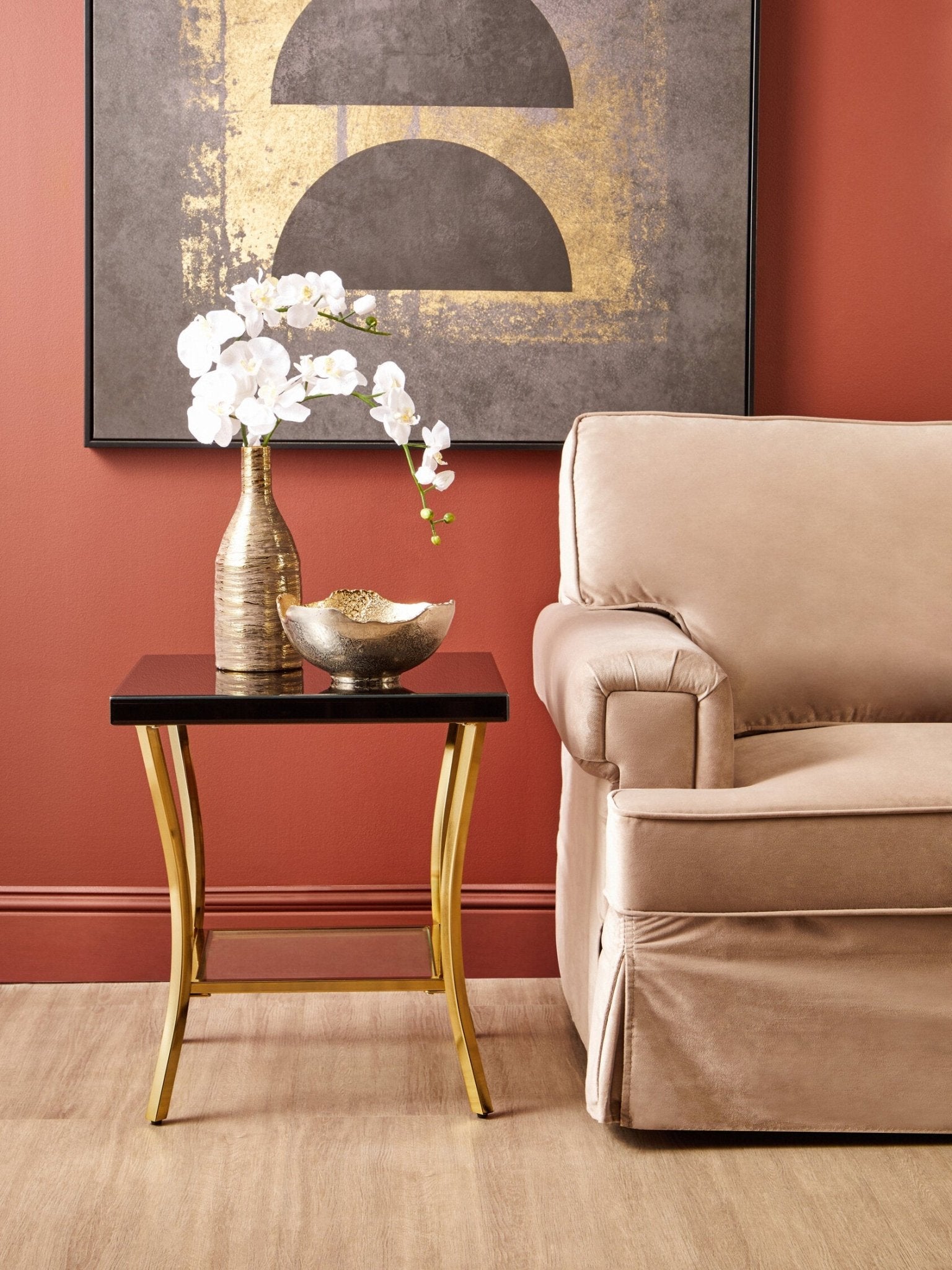 Kensington Townhouse Black Mirror Side Table with Gold Legs | Luxury Home Accessories | Heulog Glow