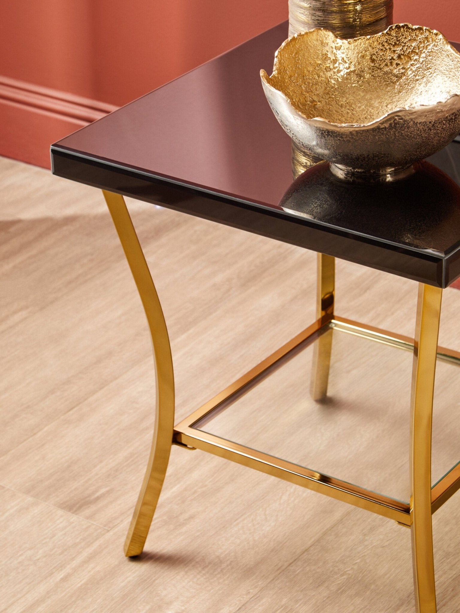 Kensington Townhouse Black Mirror Side Table with Gold Legs | Luxury Home Accessories | Heulog Glow