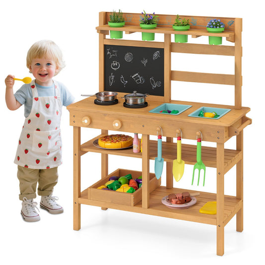 Kids Mud Kitchen Outdoor Play Pretend Kitchen for Children Aged 3+-Natural