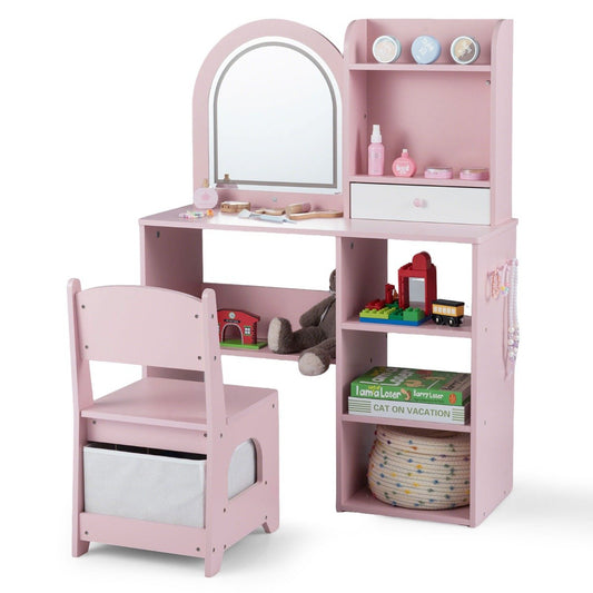 Kids Vanity Table and Chair Set with 3-color Lighted Mirror for 3+ Years Old-Pink