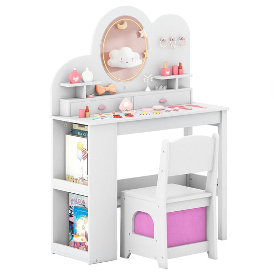 Kids Vanity with Lights Princess Vanity Table and Chair Set with 2 Drawers-White