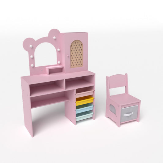 Kids Vanity with Lights Princess Vanity Table and Chair Set with 5 Drawers and 2 Compartments-Pink