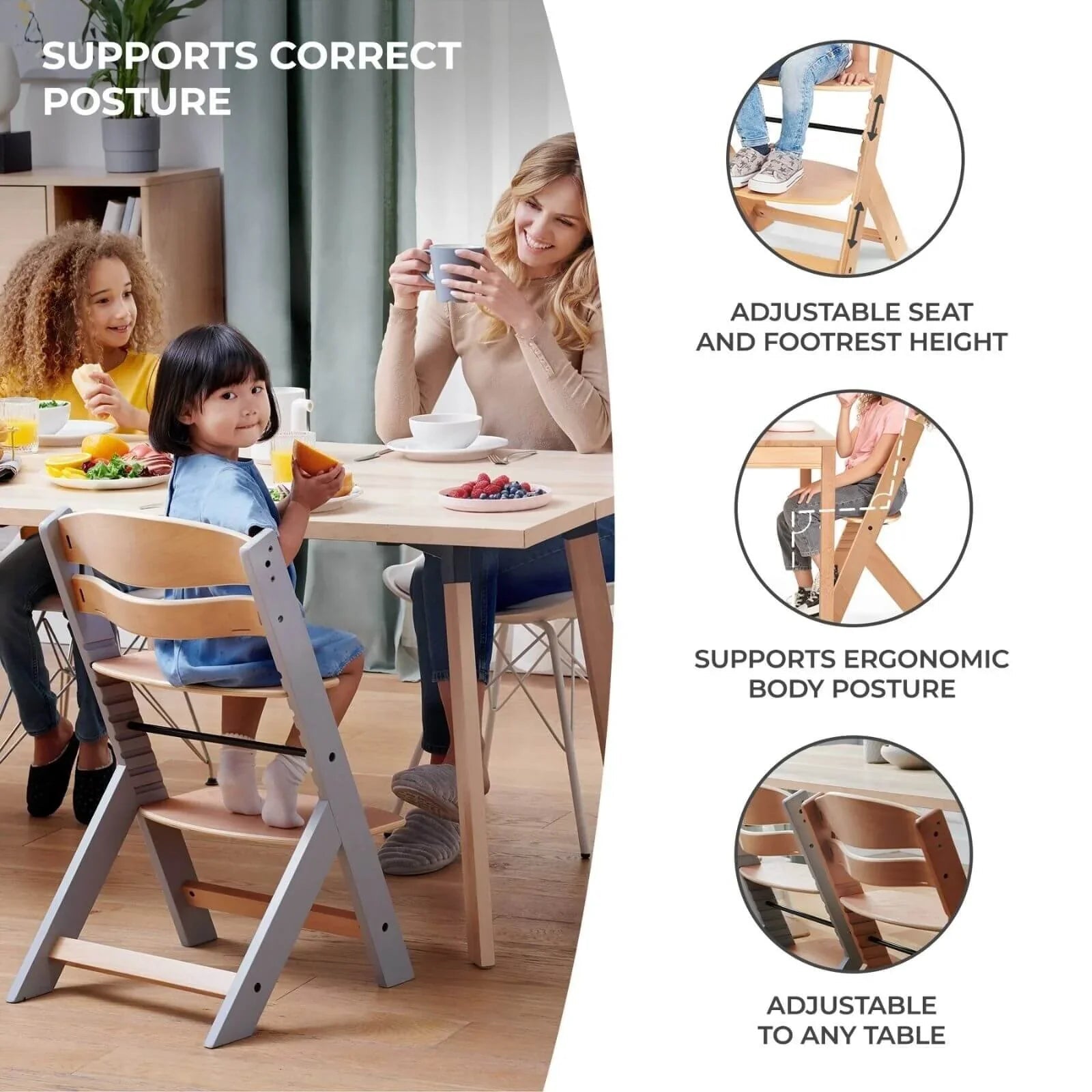 Kinderkraft Enock Wooden Highchair - Full Grey | Luxury Home Accessories | Heulog Glow