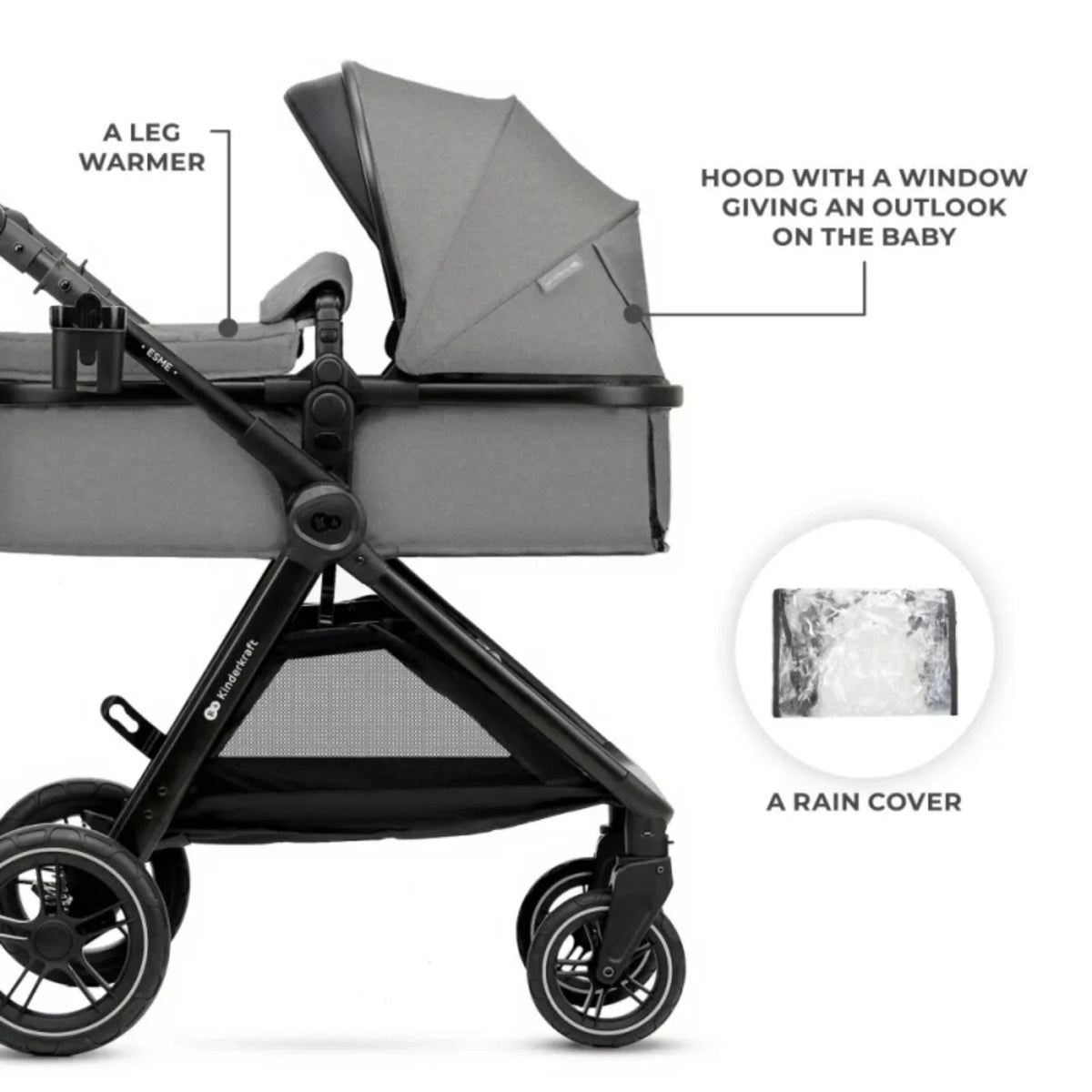 Kinderkraft Esme Pro 3-in-1 Travel System with Mink Pro Car Seat - Moonlight Grey | Luxury Home Accessories | Heulog Glow
