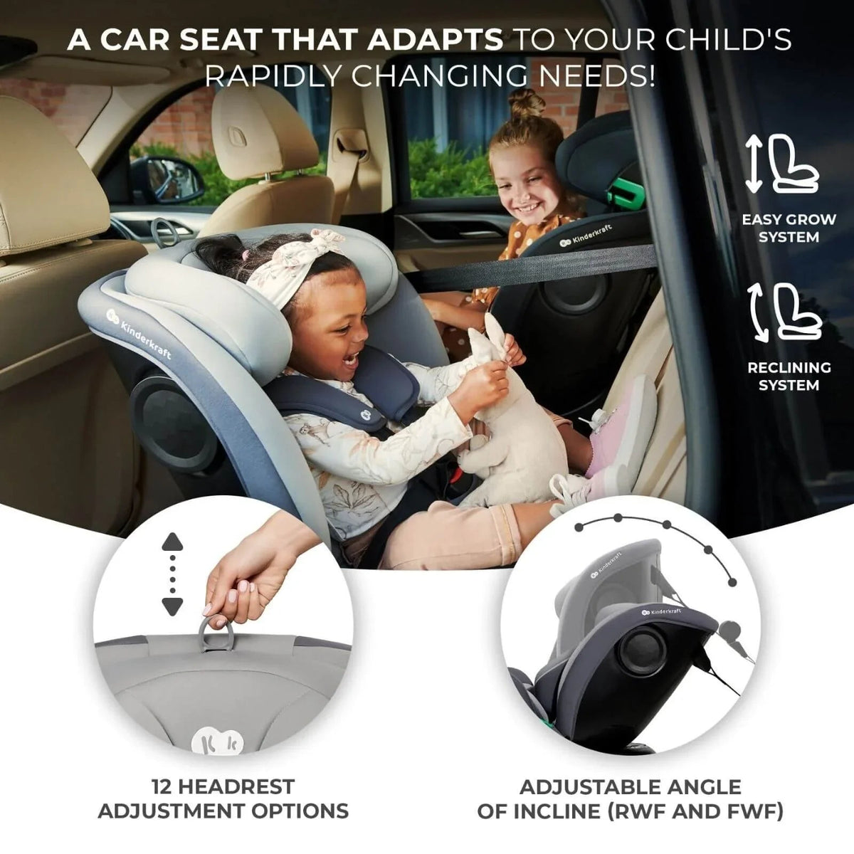 Kinderkraft i-Grow i-Size Car Seat (Birth to 12 Years) - Black | Luxury Home Accessories | Heulog Glow