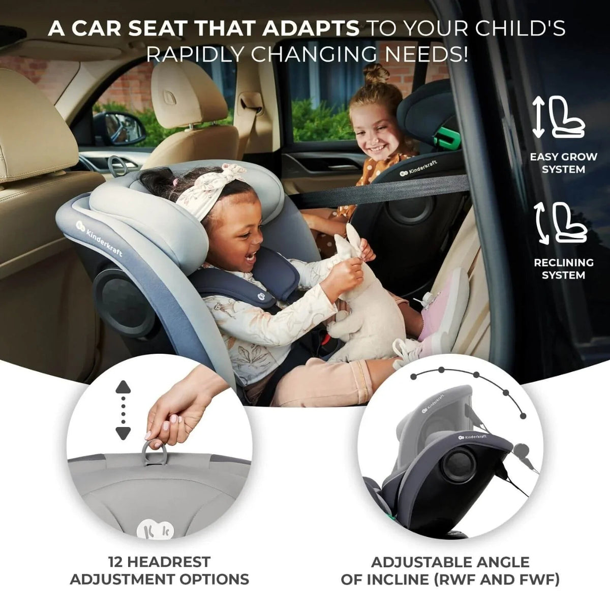 Kinderkraft i-Grow i-Size Car Seat (Birth to 12 Years) - Grey | Luxury Home Accessories | Heulog Glow
