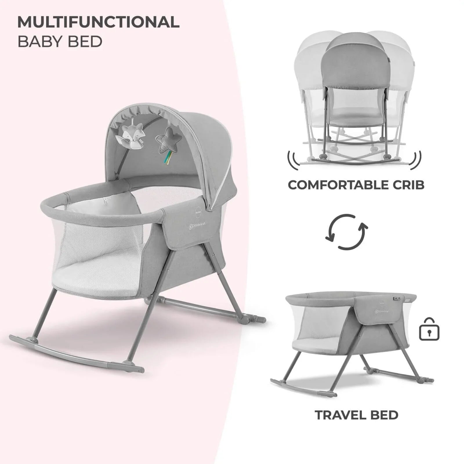 Kinderkraft Lovi 3-in-1 Baby Crib - Grey | Luxury Home Accessories | Heulog Glow