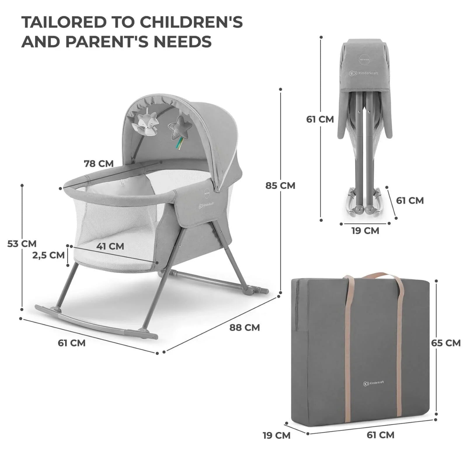 Kinderkraft Lovi 3-in-1 Baby Crib - Grey | Luxury Home Accessories | Heulog Glow