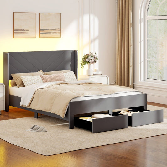 King Size Bed Frame with LED Lights Dutch Velvet Upholstered Platform Bed-Grey
