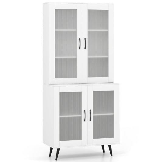 Kitchen Pantry Cabinet with Transparent Doors and Metal Legs-White