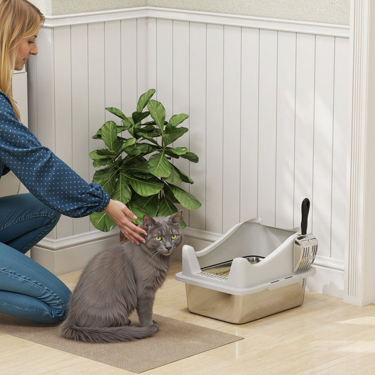 PawHut Stainless Steel Cat Litter Box with High Sides, Scoop, 43 x 33 x 25 cm
