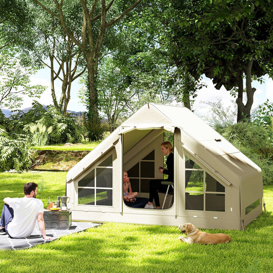 Outsunny Inflatable Camping Tent with Pump, Easy Setup 2-4 Person Blow Up Tent, Waterproof Luxury Inflatable Tent with Mesh Windows, Doors, Hook and Carry Bag, Beige