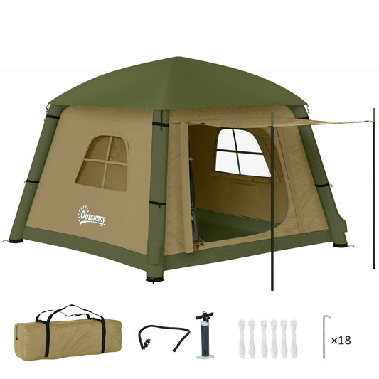 Outsunny Inflatable Camping Tent w/ Hand Pump, Easy Setup 1/2 Person Blow Up Tent Waterproof 190T Taffeta w/ Mesh Windows, Doors and Carry Bag, Brown