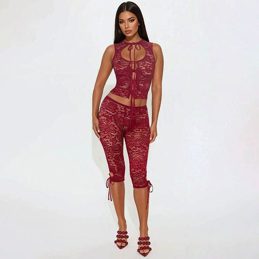 Lace-spliced Lace-up Backless Top And Shorts Set For Women | Luxury Home Accessories | Heulog Glow