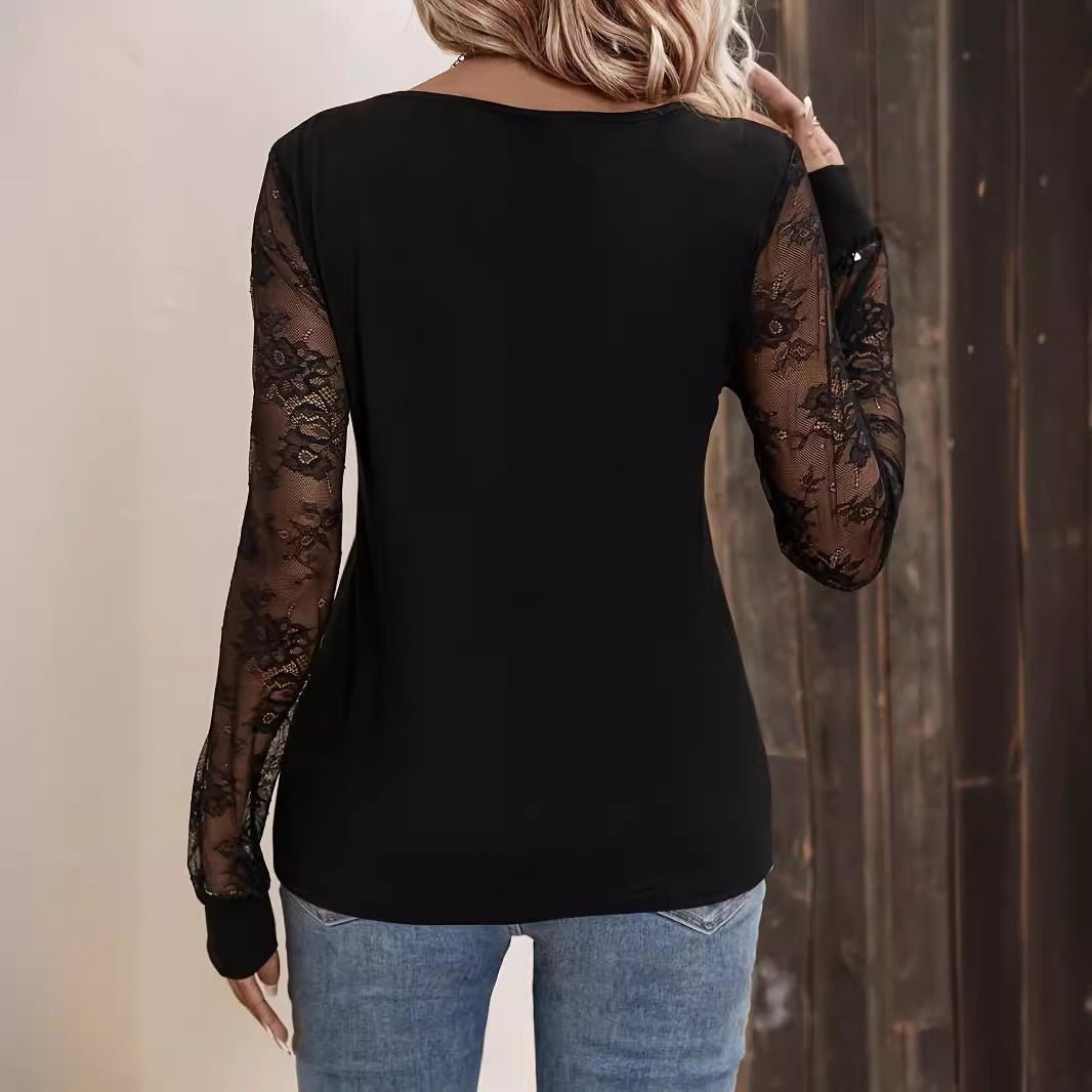 Lace-trimmed V-neck Patchwork Loose-fit Long-sleeve Solid-color T-shirt | Luxury Home Accessories | Heulog Glow