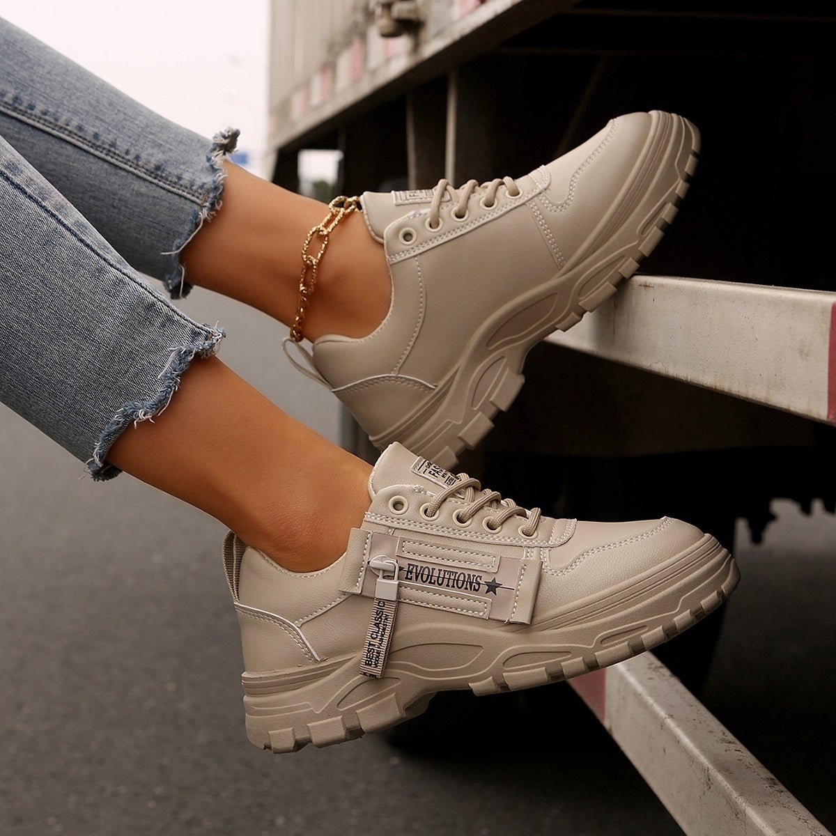 Lace-up Sports Shoes With Side-Zipper Design Fashion Thick-soled Round-toe Casual Shoes For Women Sneakers | Luxury Home Accessories | Heulog Glow