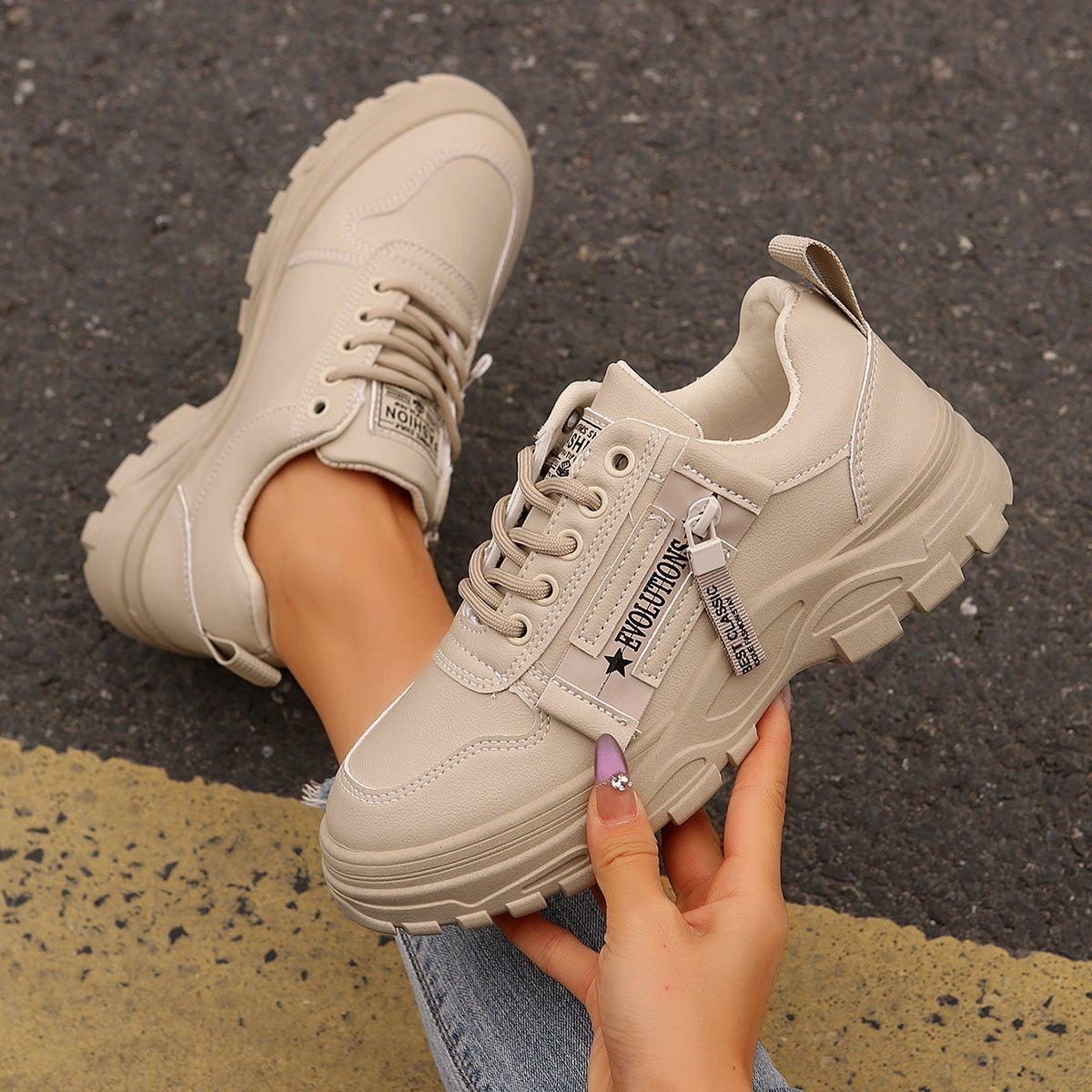 Lace-up Sports Shoes With Side-Zipper Design Fashion Thick-soled Round-toe Casual Shoes For Women Sneakers | Luxury Home Accessories | Heulog Glow