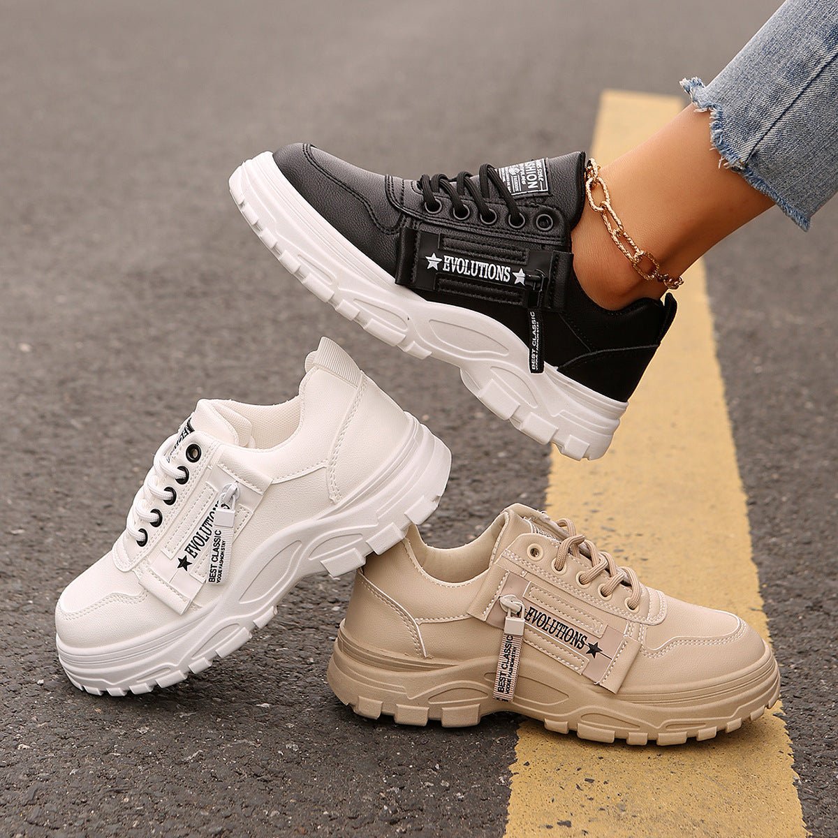 Lace-up Sports Shoes With Side-Zipper Design Fashion Thick-soled Round-toe Casual Shoes For Women Sneakers | Luxury Home Accessories | Heulog Glow