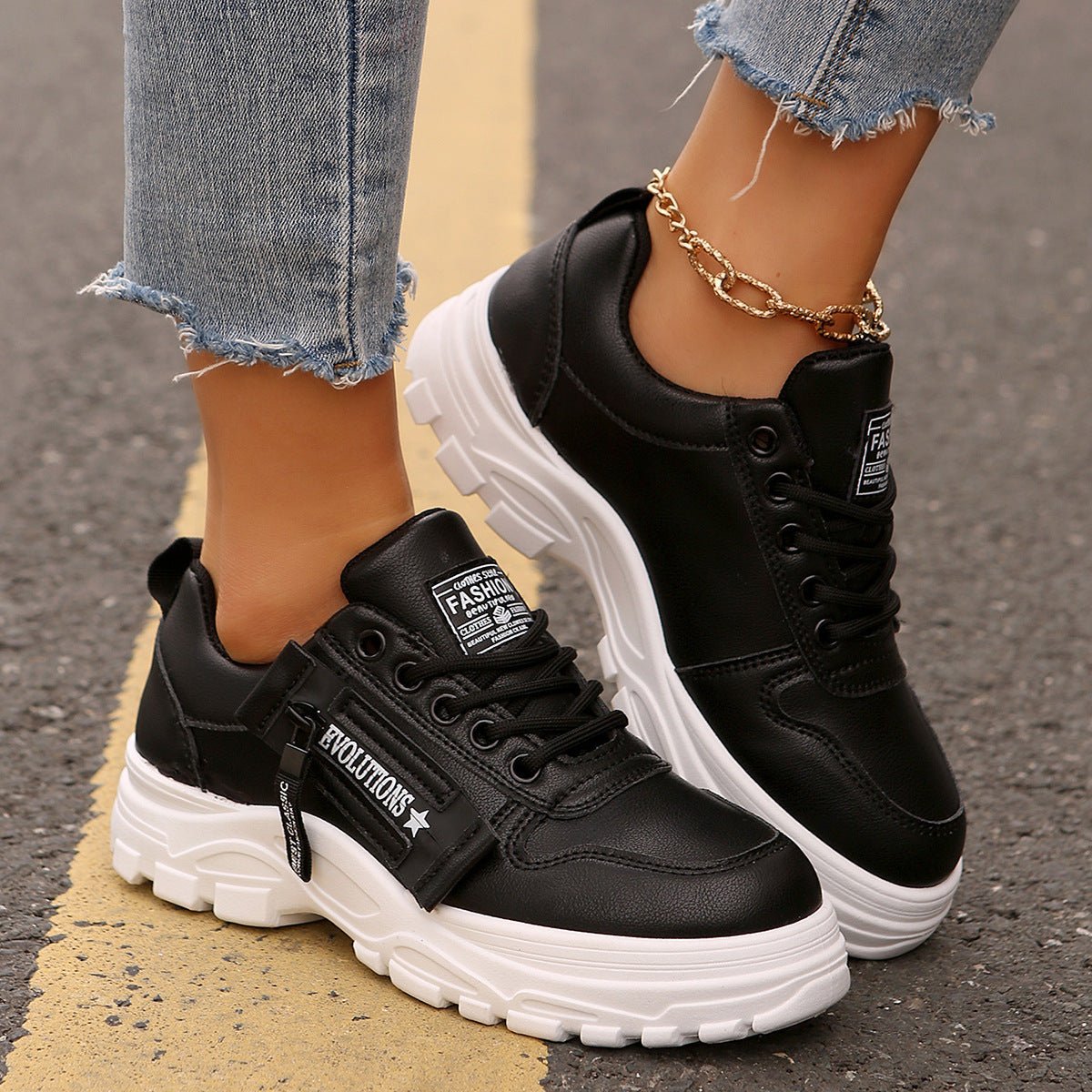 Lace-up Sports Shoes With Side-Zipper Design Fashion Thick-soled Round-toe Casual Shoes For Women Sneakers | Luxury Home Accessories | Heulog Glow