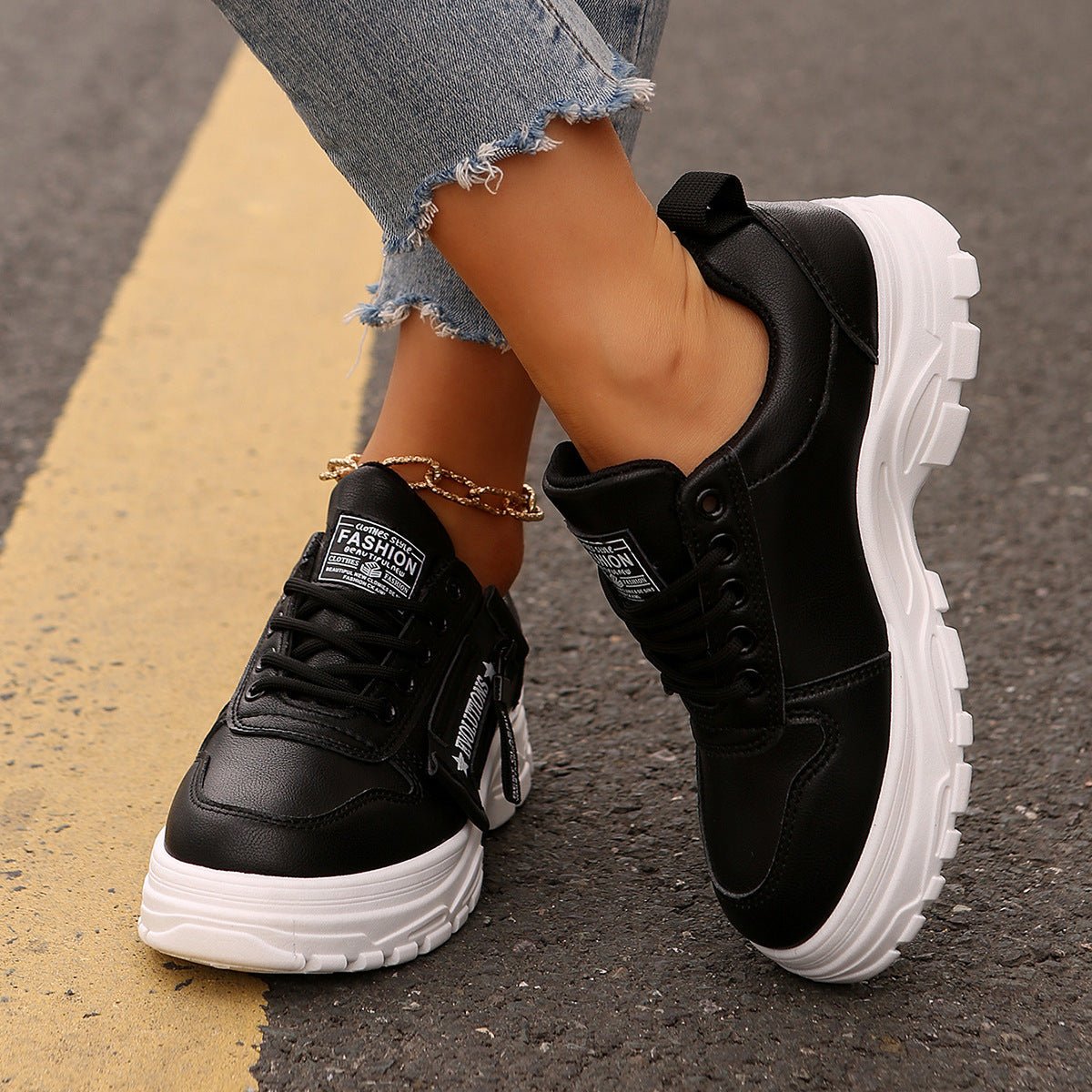 Lace-up Sports Shoes With Side-Zipper Design Fashion Thick-soled Round-toe Casual Shoes For Women Sneakers | Luxury Home Accessories | Heulog Glow