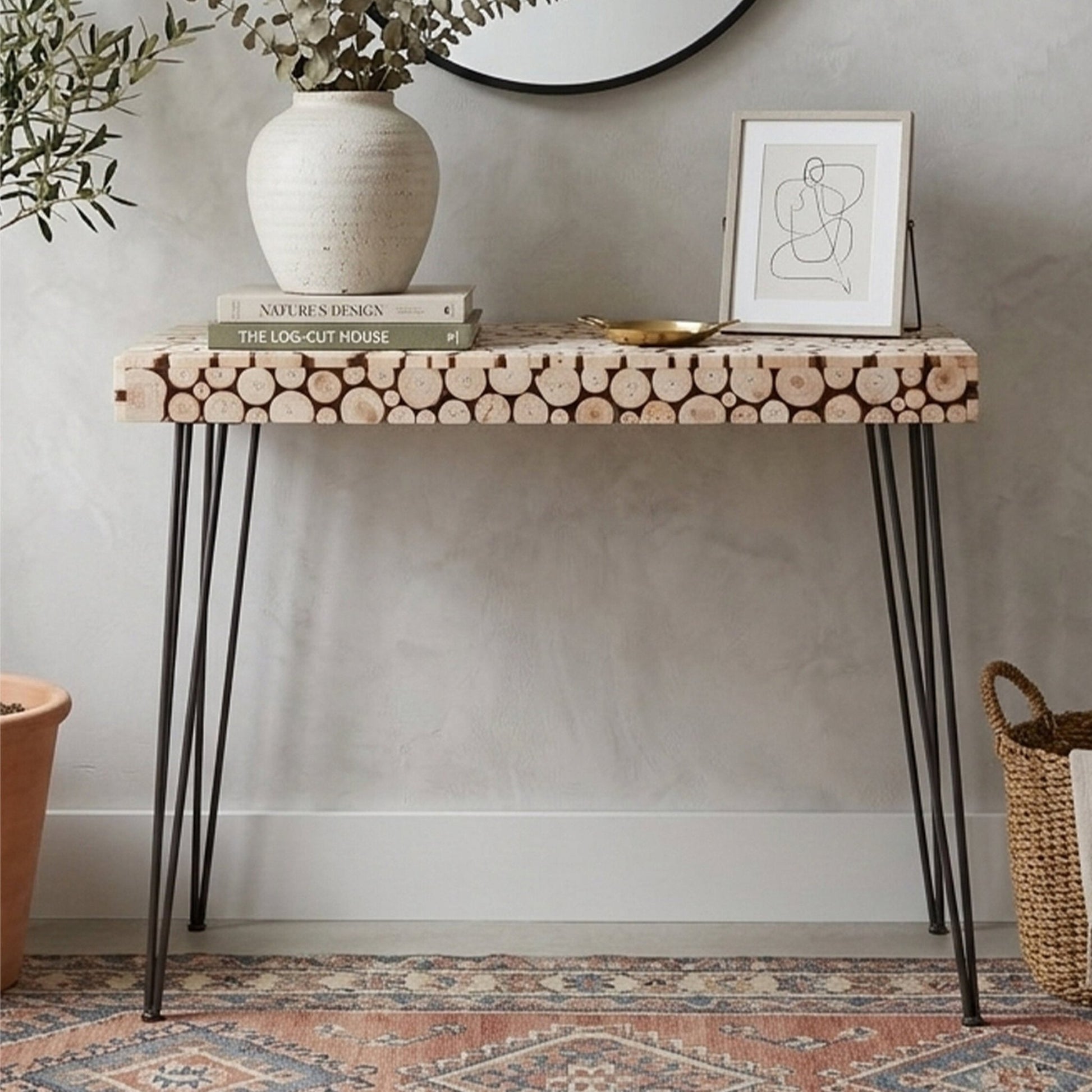 Lacuna Fir Wood Disc Mosaic Console Table | Luxury Home Accessories | Heulog Glow